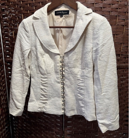 Nanette Lepore Blazer Women's Size 2 Ivory Hook and Eye Closure Ruched Fitted - Picture 1 of 10